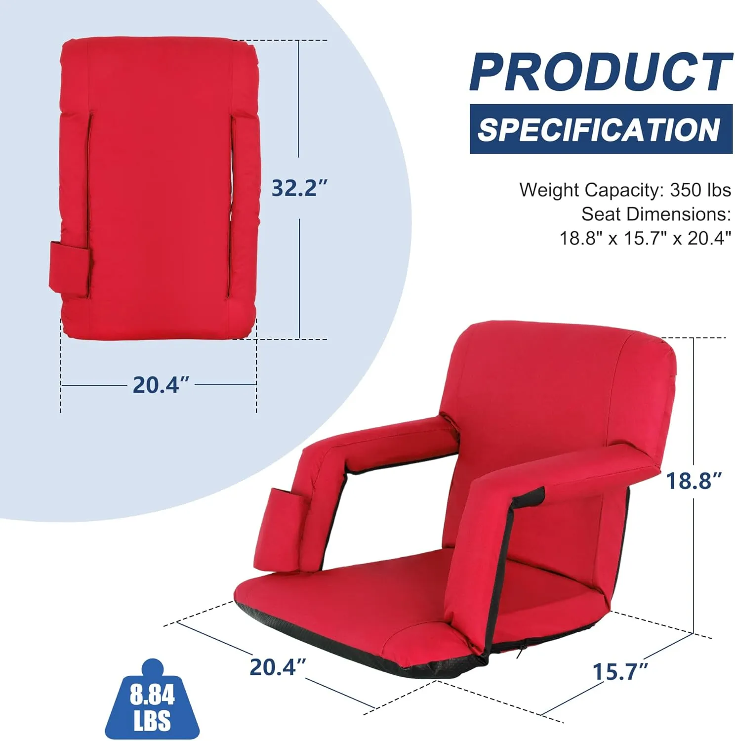 HomGarden Portable Reclining Stadium Seat for Bleachers, Stadium Chair with Padded Back Support Armrests and Cushion Wide for Sport Events, 6 Recline Positions