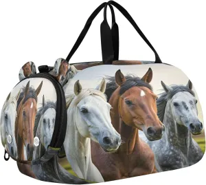 Horse Kids Overnight Sports Duffel Bags with Shoe Compartment & Wet Pocket Travel Sport Gym Bag for Girls Boys