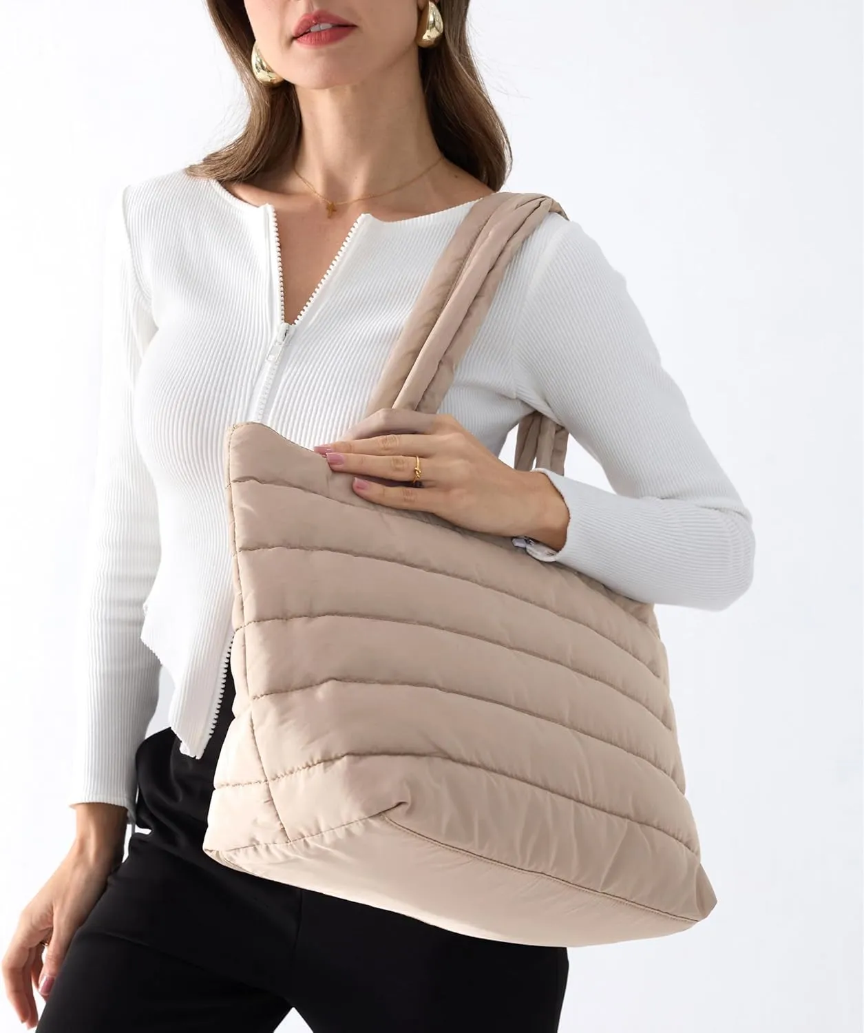 HOXIS Puffer Tote for Women Quilted Shoulder Handbag Lightweight Weekender Bag Purse for Work Travel Gym Shop