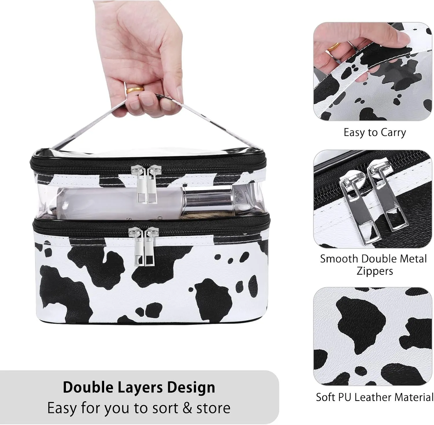 HUA ANGEL Double-layer Cosmetic Bag Travel Makeup Bag for Women Leather Cosmetic Case Portable Travel-Size Toiletry Organizer