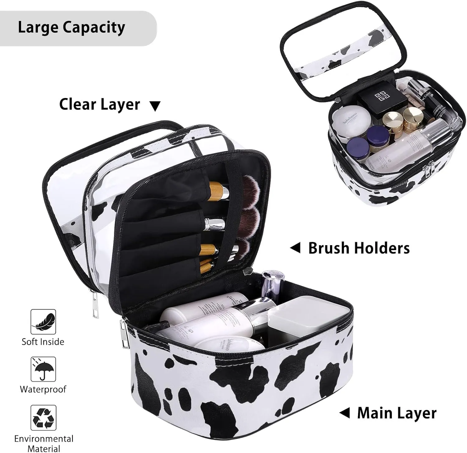 HUA ANGEL Double-layer Cosmetic Bag Travel Makeup Bag for Women Leather Cosmetic Case Portable Travel-Size Toiletry Organizer