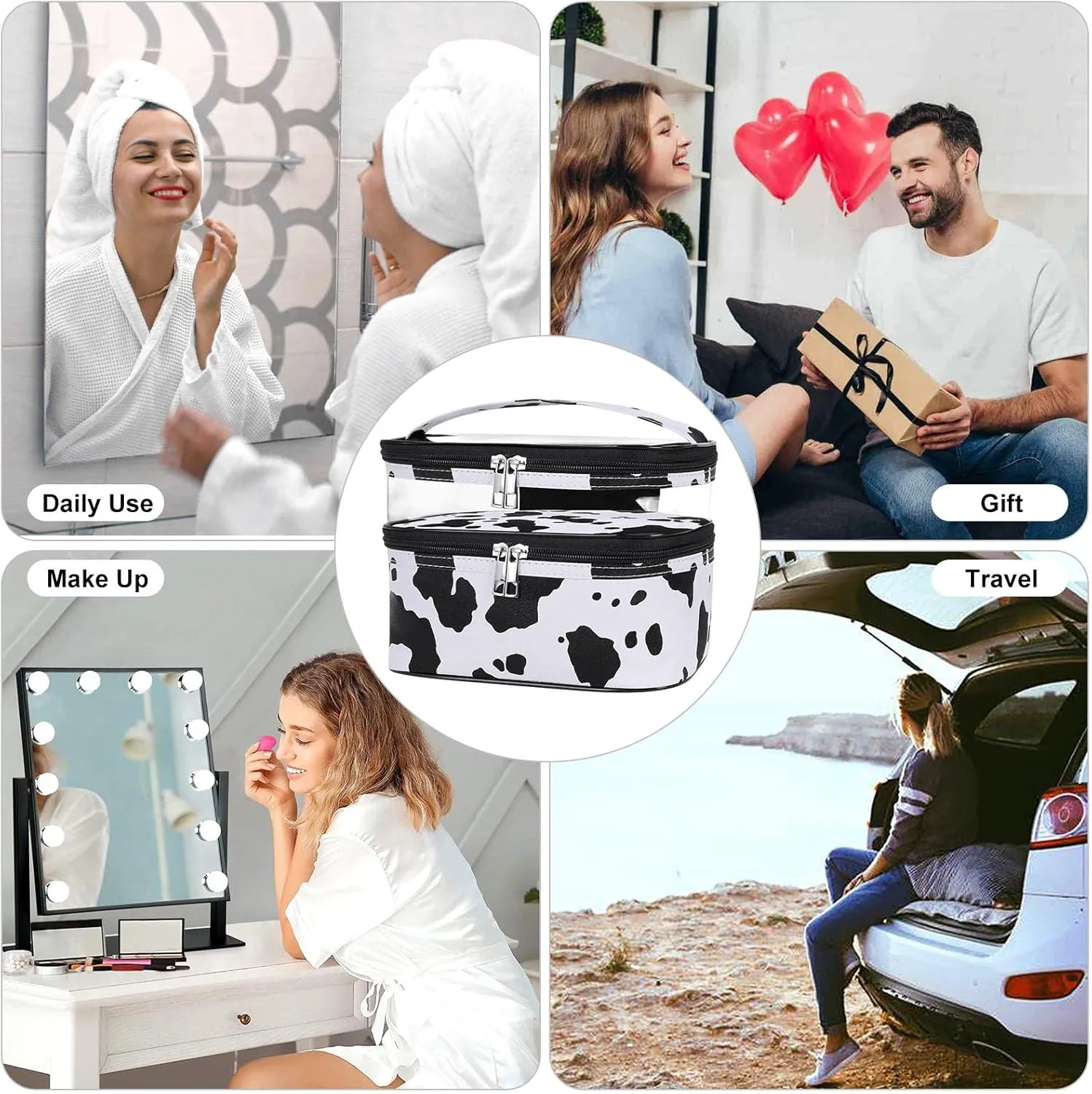 HUA ANGEL Double-layer Cosmetic Bag Travel Makeup Bag for Women Leather Cosmetic Case Portable Travel-Size Toiletry Organizer