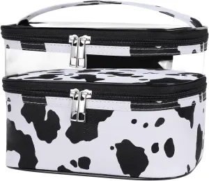 HUA ANGEL Double-layer Cosmetic Bag Travel Makeup Bag for Women Leather Cosmetic Case Portable Travel-Size Toiletry Organizer