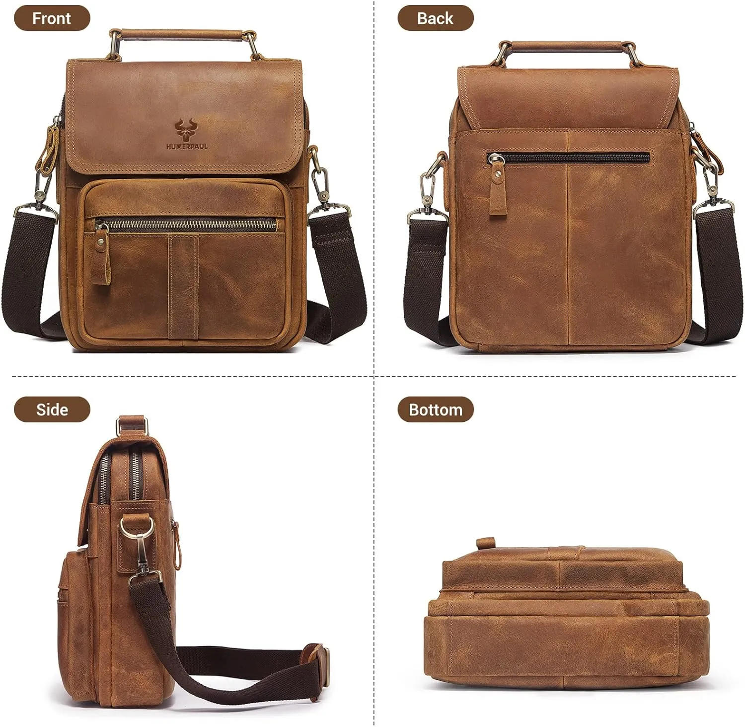 HUMERPAUL Leather Messenger Bag for Men, Shoulder Crossbody Bag with Adjustable Straps for Work Business