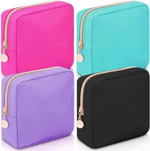 Hushee 4 Pcs Nylon Makeup Bag Preppy Zipper Pouch Waterproof Nylon Toiletry Storage Bag for Women(Mini,Black, Fuchsia, Mint, Grape)