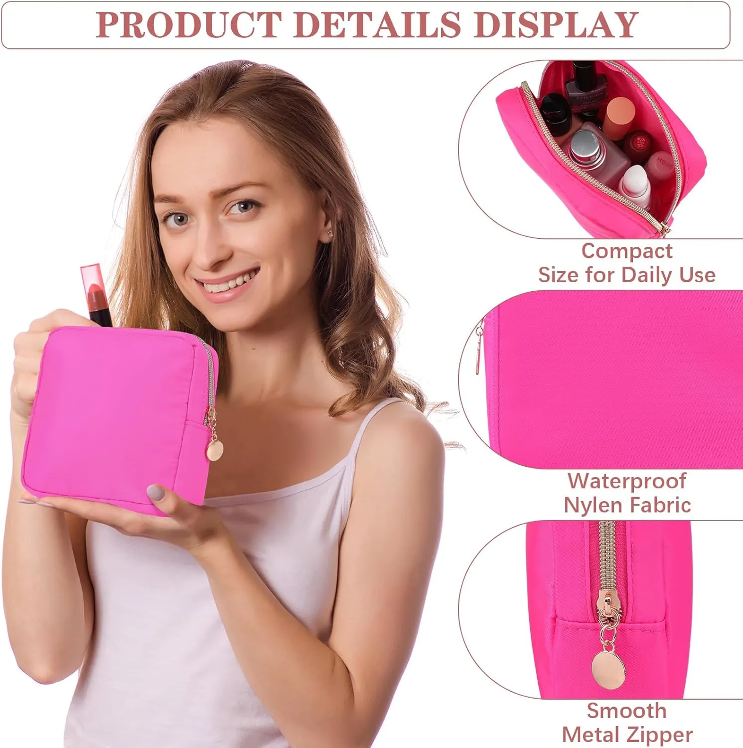 Hushee 4 Pcs Nylon Makeup Bag Preppy Zipper Pouch Waterproof Nylon Toiletry Storage Bag for Women(Mini,Black, Fuchsia, Mint, Grape)