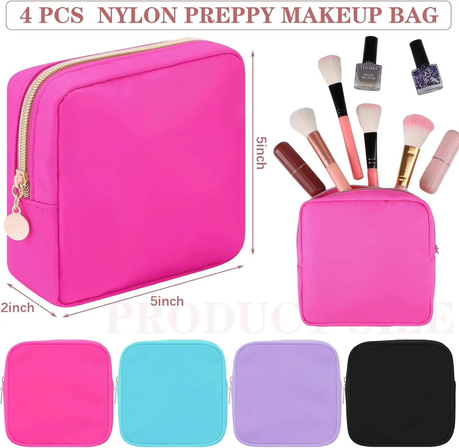 Hushee 4 Pcs Nylon Makeup Bag Preppy Zipper Pouch Waterproof Nylon Toiletry Storage Bag for Women(Mini,Black, Fuchsia, Mint, Grape)