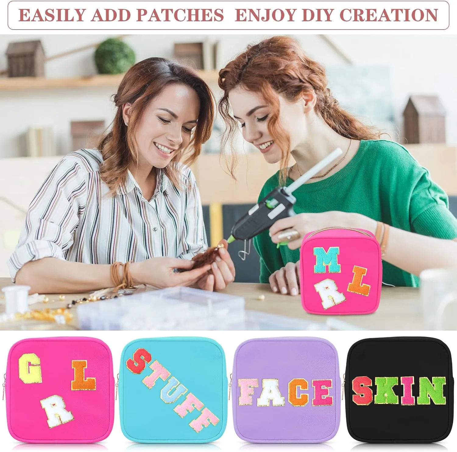 Hushee 4 Pcs Nylon Makeup Bag Preppy Zipper Pouch Waterproof Nylon Toiletry Storage Bag for Women(Mini,Black, Fuchsia, Mint, Grape)