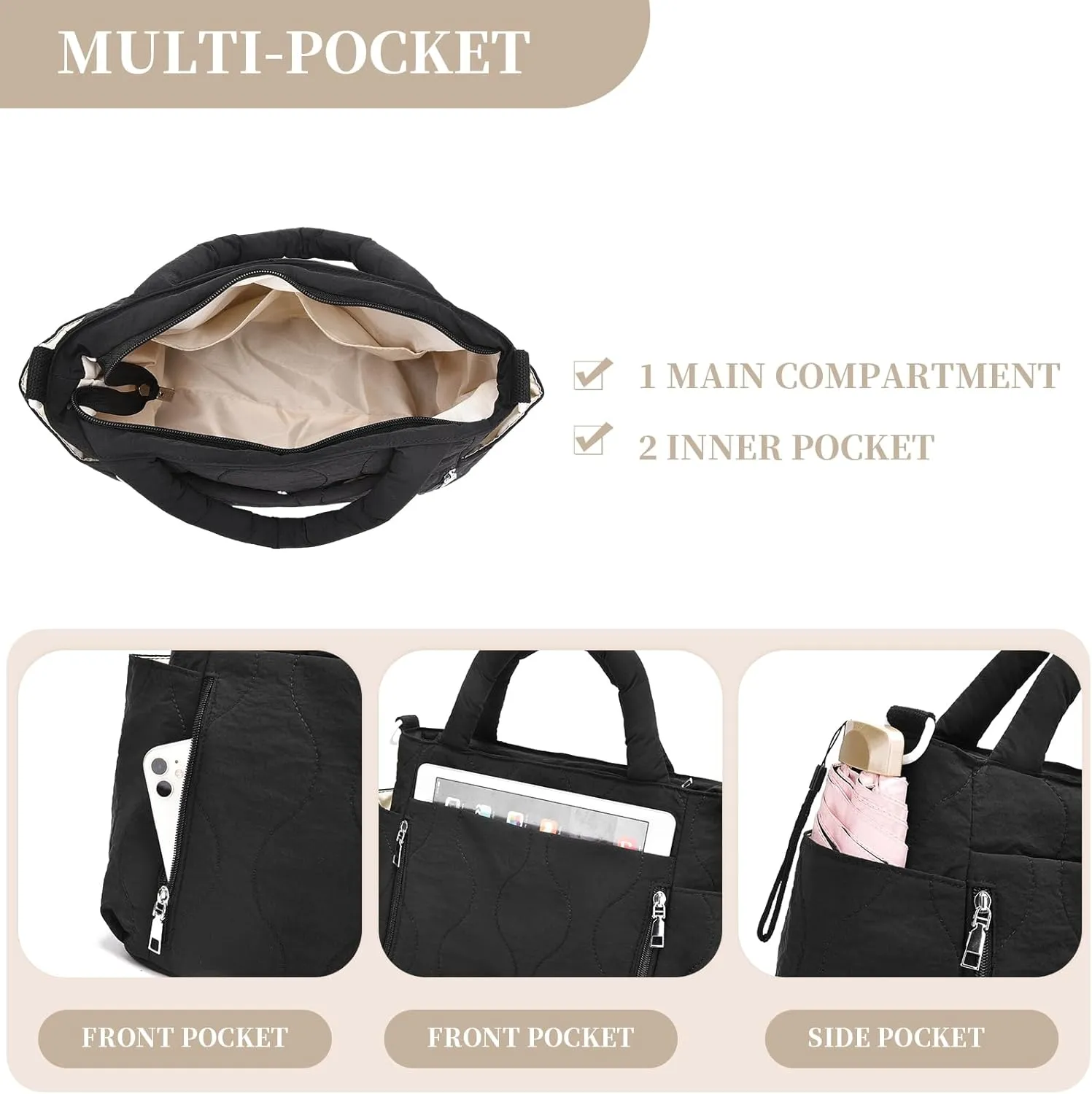 I IHAYNER Puffer Tote Bag for Women Lightweight Top Handle Handbag Large Shoulder Bag with Zipper for Travel Work
