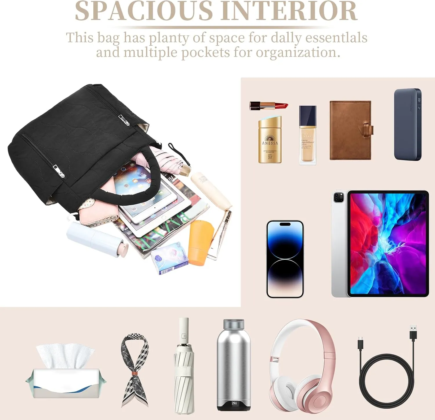 I IHAYNER Puffer Tote Bag for Women Lightweight Top Handle Handbag Large Shoulder Bag with Zipper for Travel Work