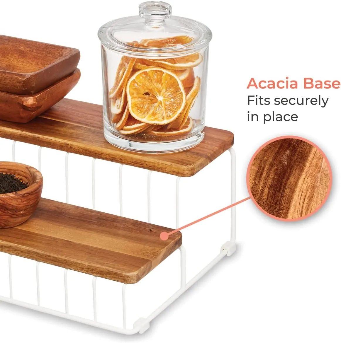 iDesign The Ría Safford Collection Acacia Wood and Wire Two Organizer, 12" x 8.5" x 5", 2 Tier Spice Rack