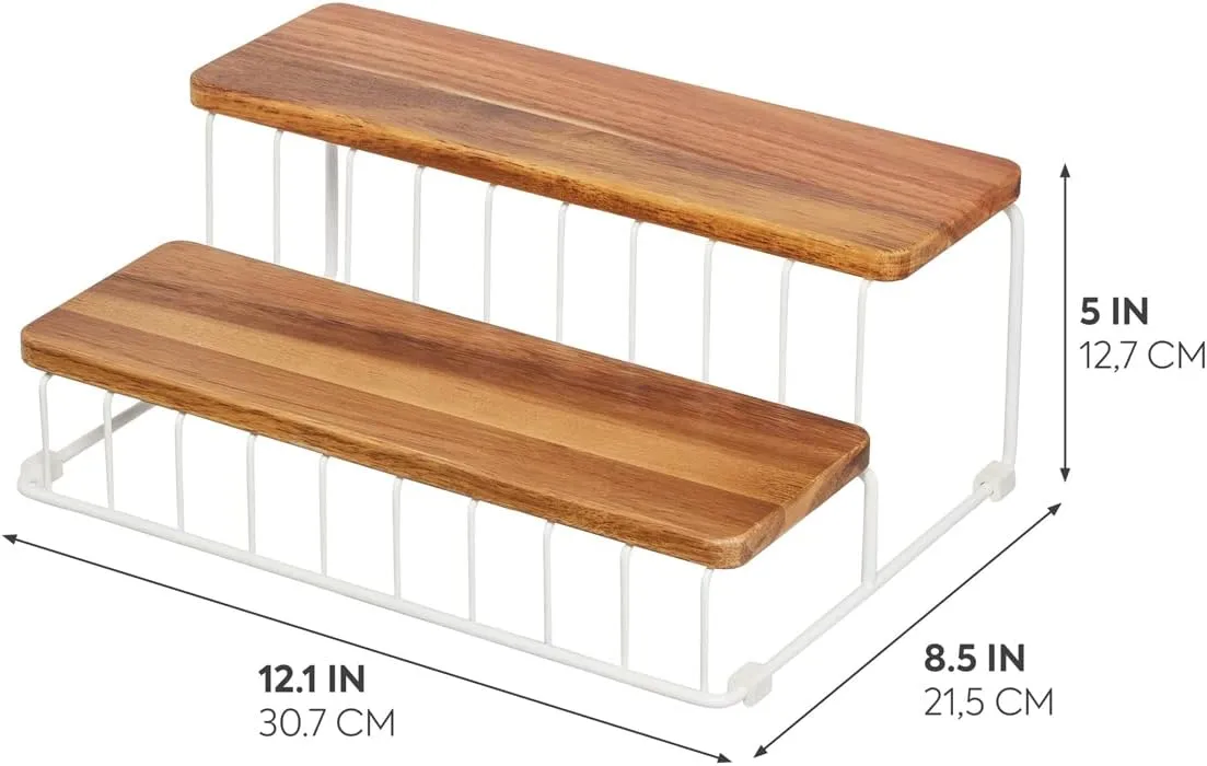 iDesign The Ría Safford Collection Acacia Wood and Wire Two Organizer, 12" x 8.5" x 5", 2 Tier Spice Rack