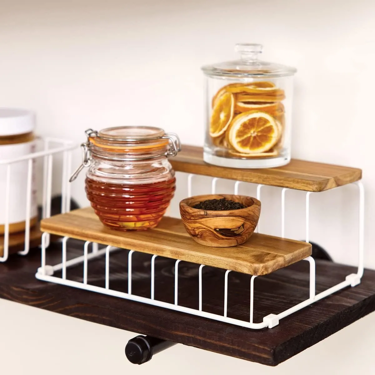 iDesign The Ría Safford Collection Acacia Wood and Wire Two Organizer, 12" x 8.5" x 5", 2 Tier Spice Rack