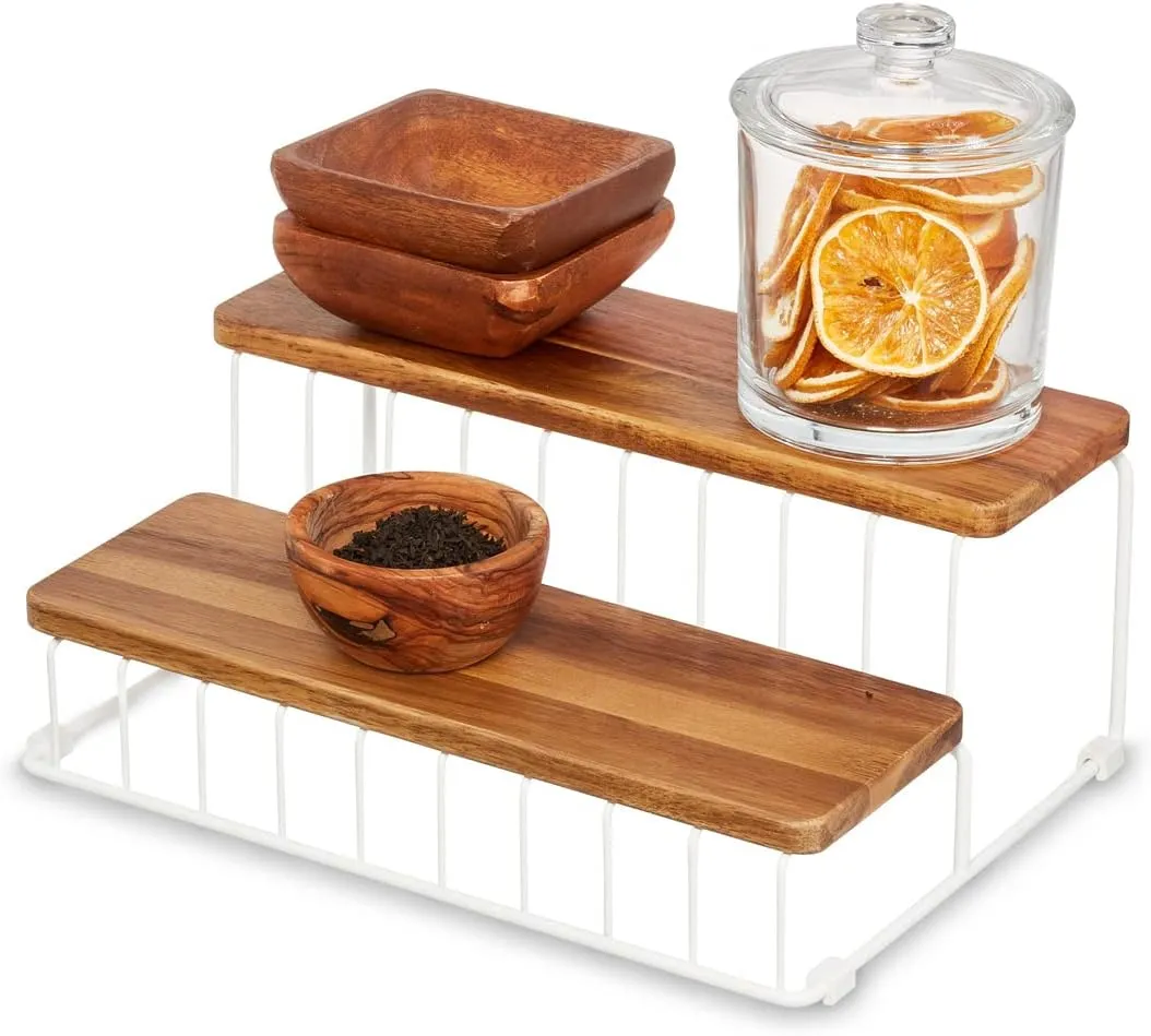 iDesign The Ría Safford Collection Acacia Wood and Wire Two Organizer, 12" x 8.5" x 5", 2 Tier Spice Rack