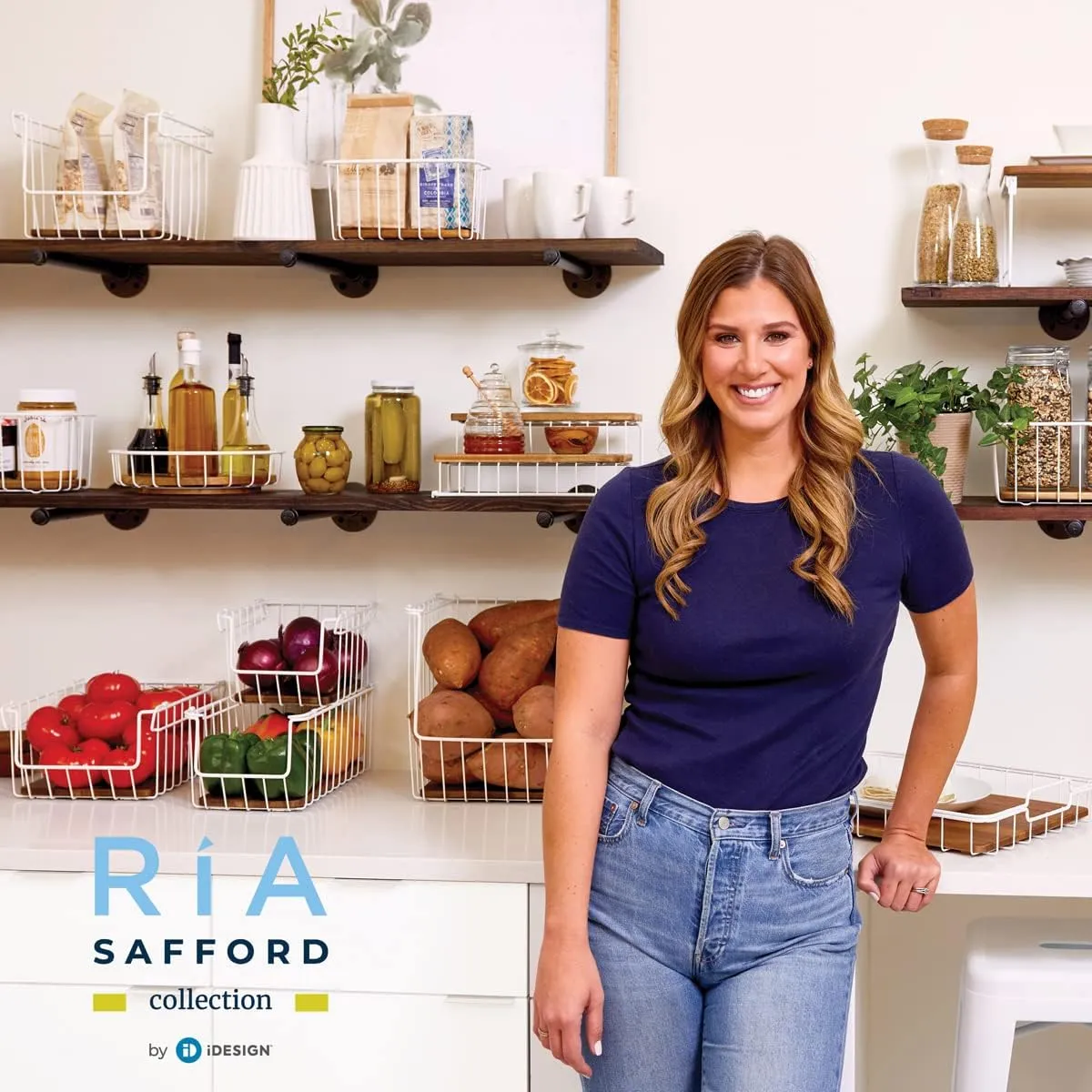 iDesign The Ría Safford Collection Acacia Wood and Wire Two Organizer, 12" x 8.5" x 5", 2 Tier Spice Rack