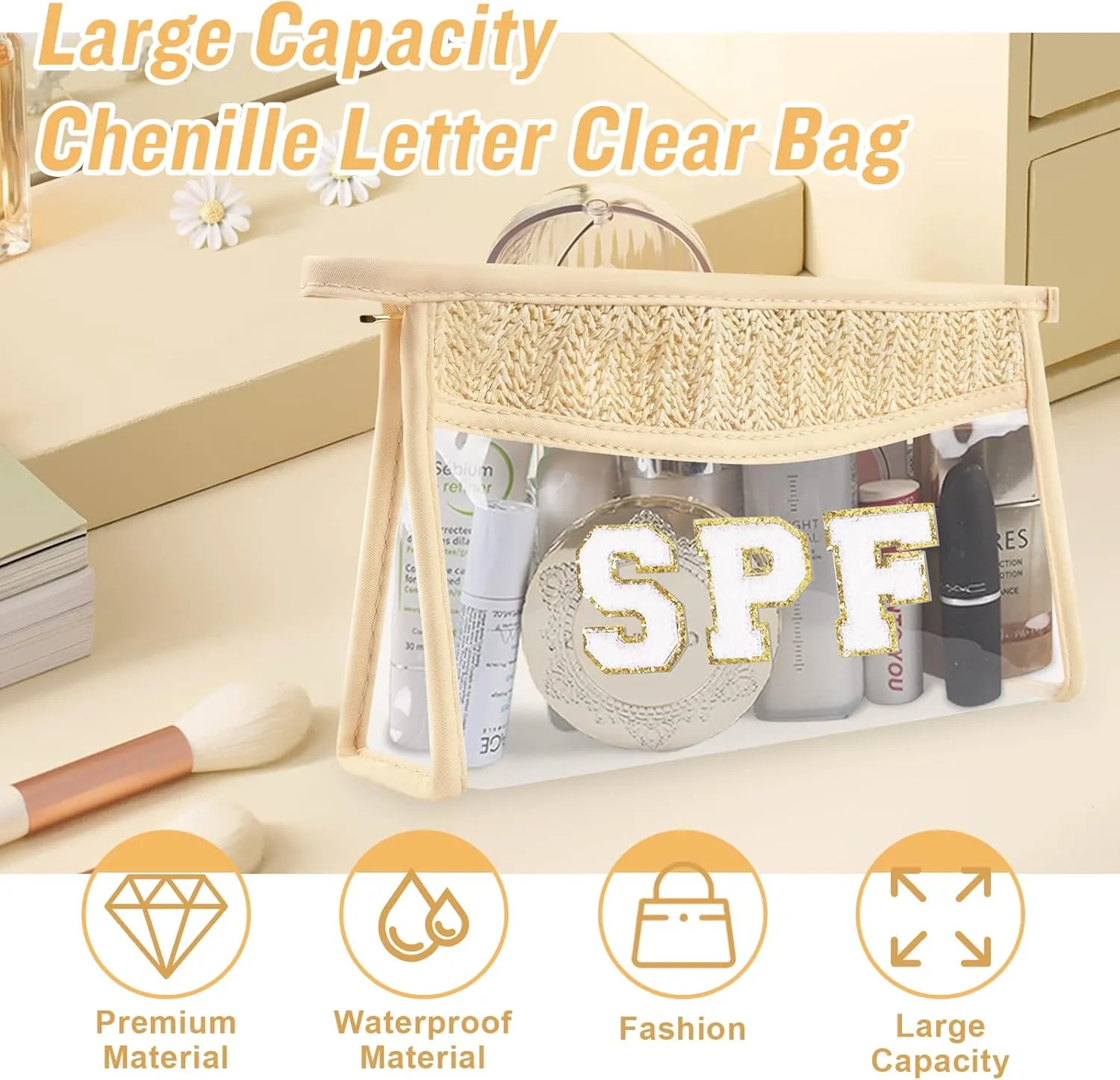 Iqimott 2Pcs Boho Patch SPF Bag Clear Makeup Letter Bag, Waterproof Zipper Make up Bag Toiletry Pouch for Women Girls, Clear Letter Patch Cosmetic Bag Transparent Organizer Pouch for Travel(SPF)