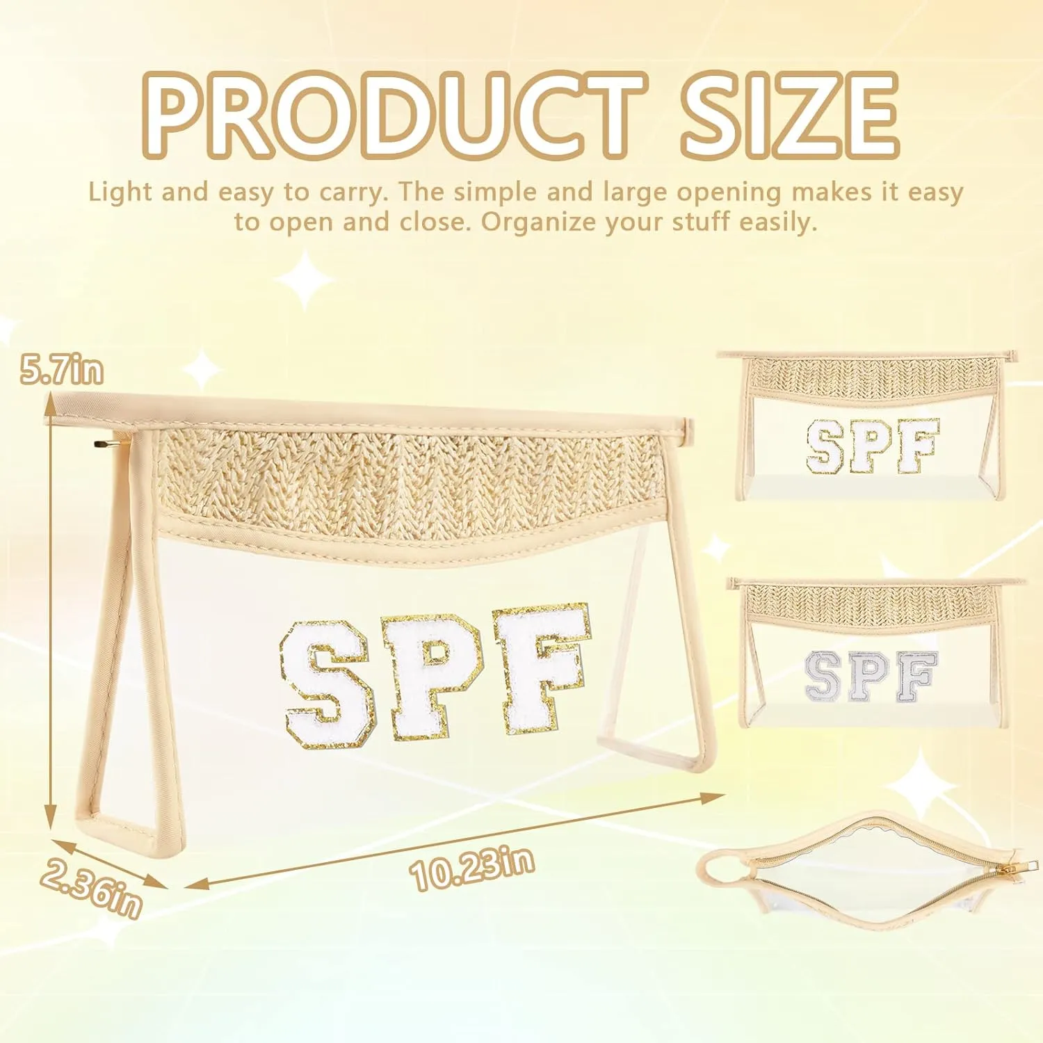 Iqimott 2Pcs Boho Patch SPF Bag Clear Makeup Letter Bag, Waterproof Zipper Make up Bag Toiletry Pouch for Women Girls, Clear Letter Patch Cosmetic Bag Transparent Organizer Pouch for Travel(SPF)