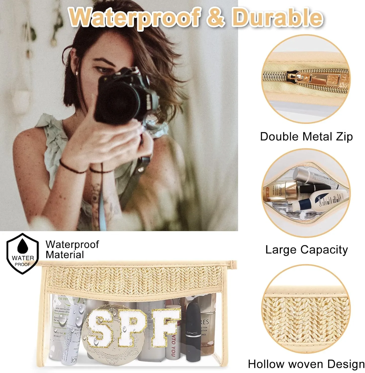 Iqimott 2Pcs Boho Patch SPF Bag Clear Makeup Letter Bag, Waterproof Zipper Make up Bag Toiletry Pouch for Women Girls, Clear Letter Patch Cosmetic Bag Transparent Organizer Pouch for Travel(SPF)