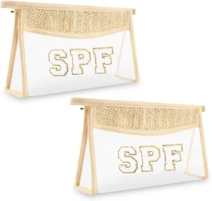Iqimott 2Pcs Boho Patch SPF Bag Clear Makeup Letter Bag, Waterproof Zipper Make up Bag Toiletry Pouch for Women Girls, Clear Letter Patch Cosmetic Bag Transparent Organizer Pouch for Travel(SPF)