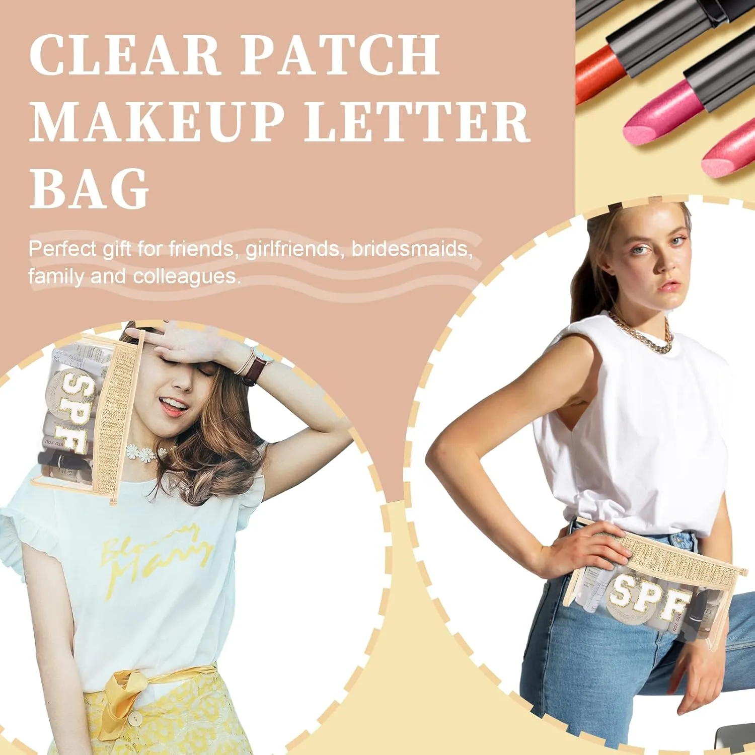 Iqimott 2Pcs Boho Patch SPF Bag Clear Makeup Letter Bag, Waterproof Zipper Make up Bag Toiletry Pouch for Women Girls, Clear Letter Patch Cosmetic Bag Transparent Organizer Pouch for Travel(SPF)