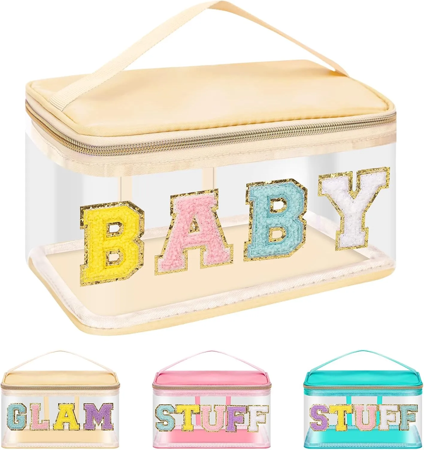 Iqimott Preppy Clear Makeup Cosmetic Bag for Women Travel, Nylon PVC Chenille Glitter Letter Toiletry Storage Tote Bag, Transparent Waterproof Organizer Zipper Pouch with Handle(Baby, Beige)