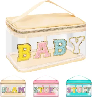 Iqimott Preppy Clear Makeup Cosmetic Bag for Women Travel, Nylon PVC Chenille Glitter Letter Toiletry Storage Tote Bag, Transparent Waterproof Organizer Zipper Pouch with Handle(Baby, Beige)