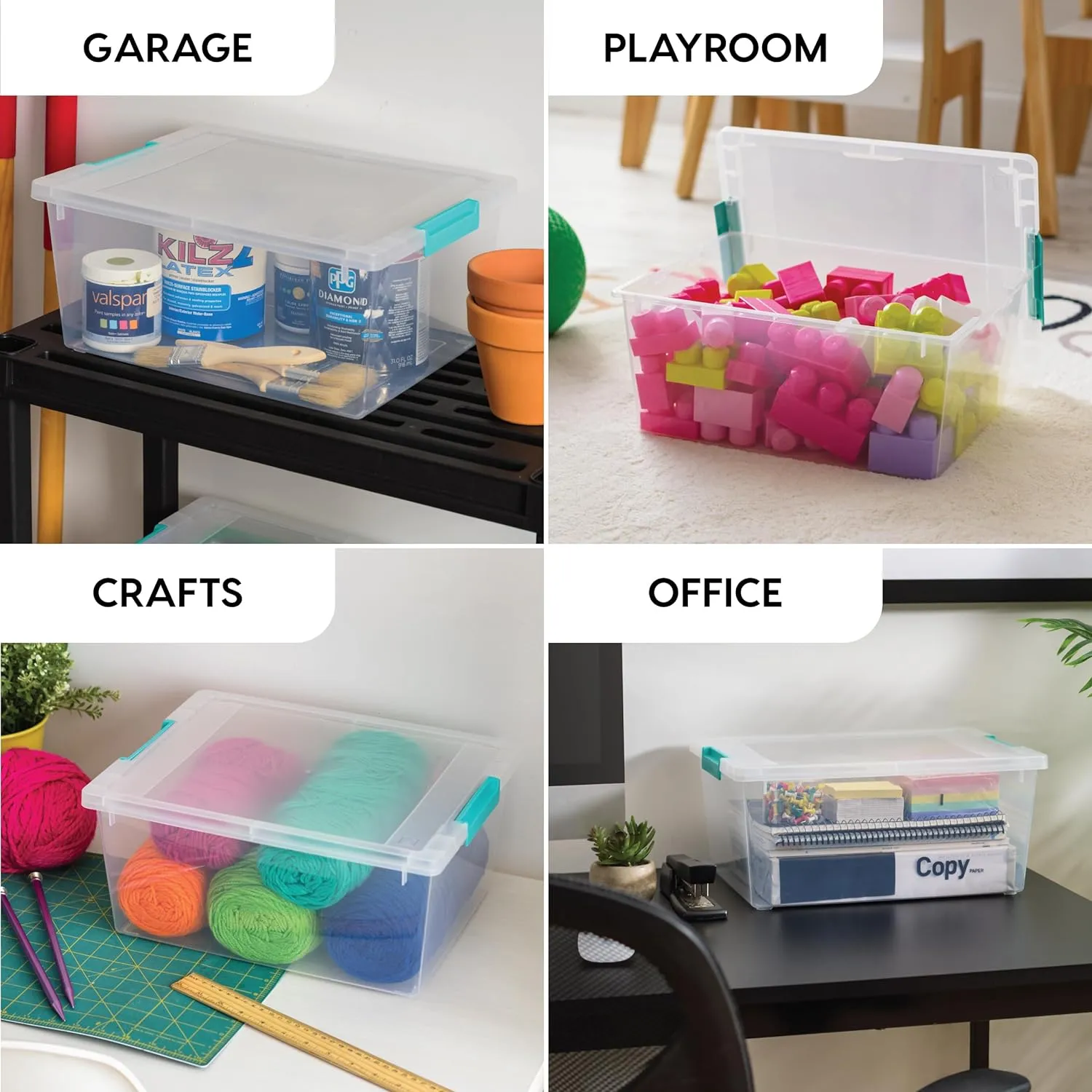 IRIS USA 12 Qt. Plastic Storage Bins Containers with Lids, 4 Pack, Sensory Bin, Craft Storage, Craft Organizers and Storage, Organizing Container for Home, Office and Art Supplies, Stackable, Clear