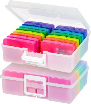 IRIS USA 4" x 6" Photo Storage Box Craft Keeper, 2-Pack, Handle Container with 16 Organization Cases for Pictures, Crafts, Scrapbooking, Stationery Storage and Organization, Multi-Color/Pearl