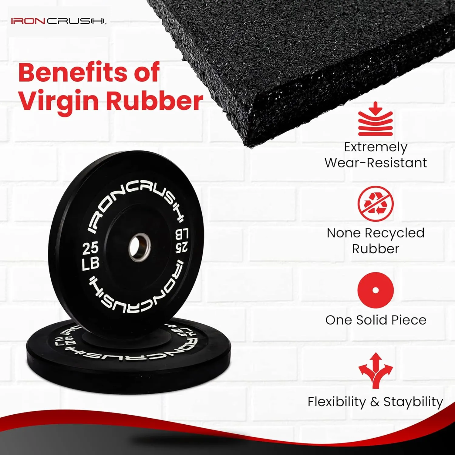 Iron Crush Olympic Bumper Plates Set - Virgin Rubber Weights for Strength Training - Fits 2" Barbells - Sold in Pairs