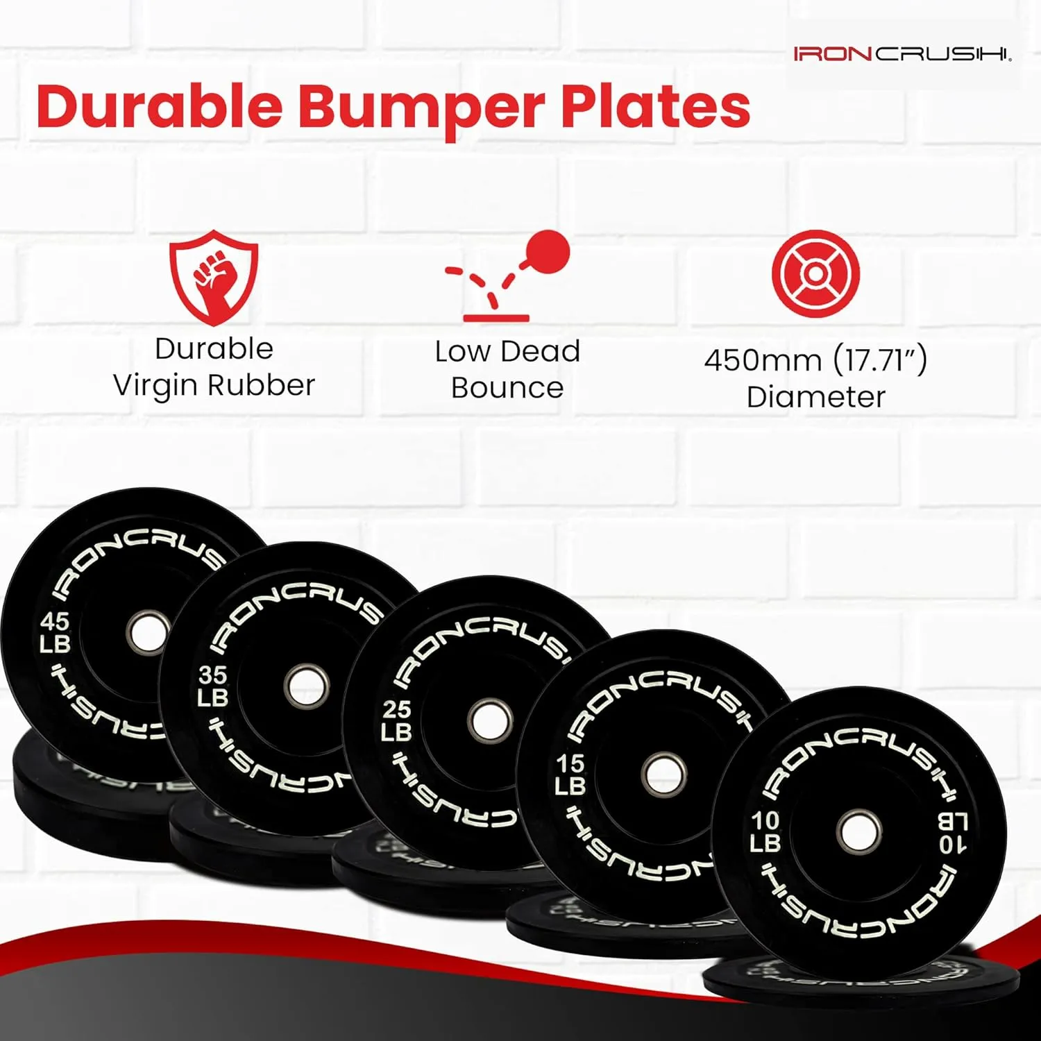 Iron Crush Olympic Bumper Plates Set - Virgin Rubber Weights for Strength Training - Fits 2" Barbells - Sold in Pairs