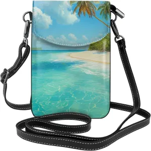 Island with Sandy Beach and Palm Tree Printed Crossbody Cell Phone Bag for Women Men, Small Leather Cell Phone Purse Wallet with Adjustable Strap