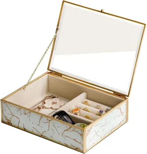 Jewellery Box Decorative Jewelry Box Transparent Glass Jewelry Box Velvet Jewelry Organizer Elegant Marbled Appearance and Gold-plated Frame for Earring Necklace Ring & Bracelet Accessory Organizers (