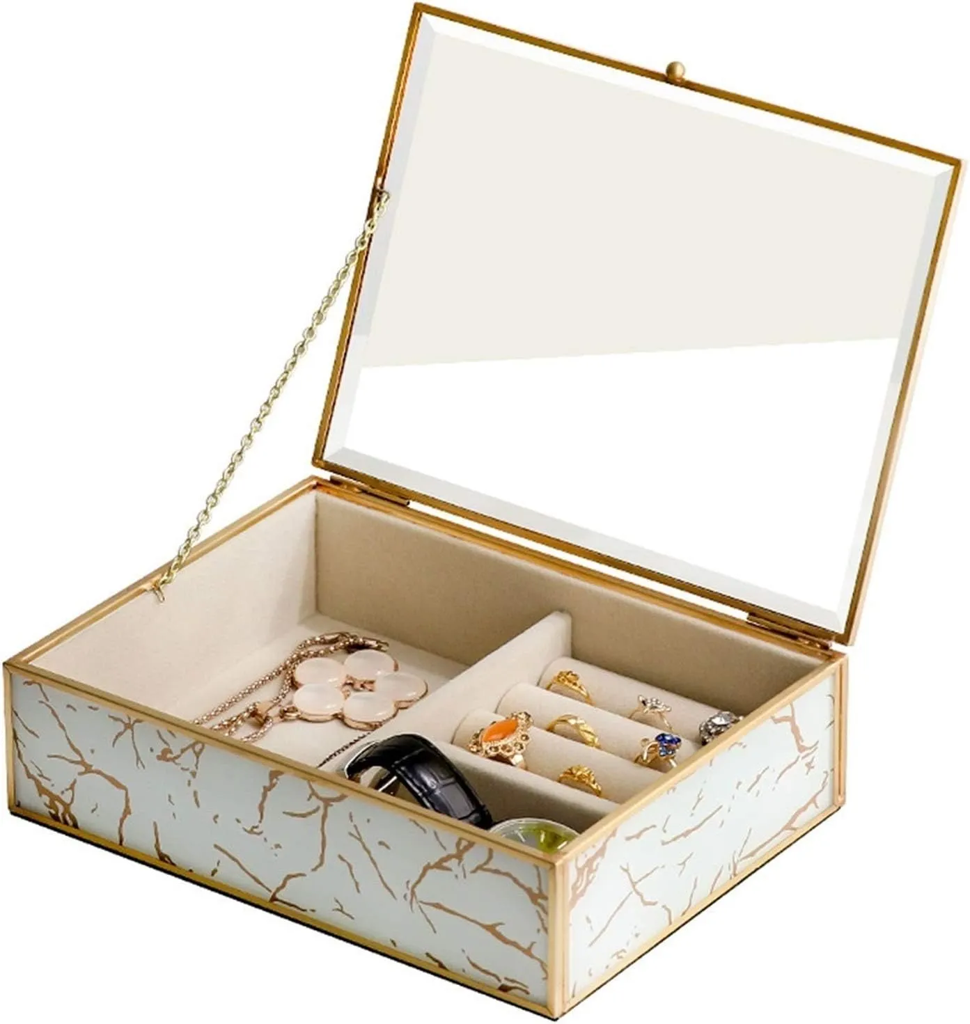 Jewellery Box Decorative Jewelry Box Transparent Glass Jewelry Box Velvet Jewelry Organizer Elegant Marbled Appearance and Gold-plated Frame for Earring Necklace Ring & Bracelet Accessory Organizers (