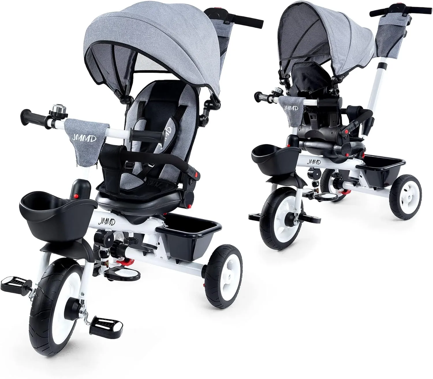 JMMD Baby Trike, 6-in-1 Kids Tricycle with Adjustable Push Handle, Removable Canopy, Safety Harness for 18 Months - 5 Year Old, Gray