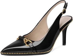 Joseywade Slingback Heels Women's Pointed Toe Stilettos High Heel Pumps Buckle Gold Beaded Shoes