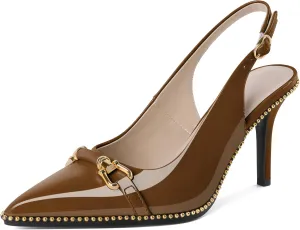 Joseywade Slingback Heels Women's Pointed Toe Stilettos High Heel Pumps Buckle Gold Beaded Shoes