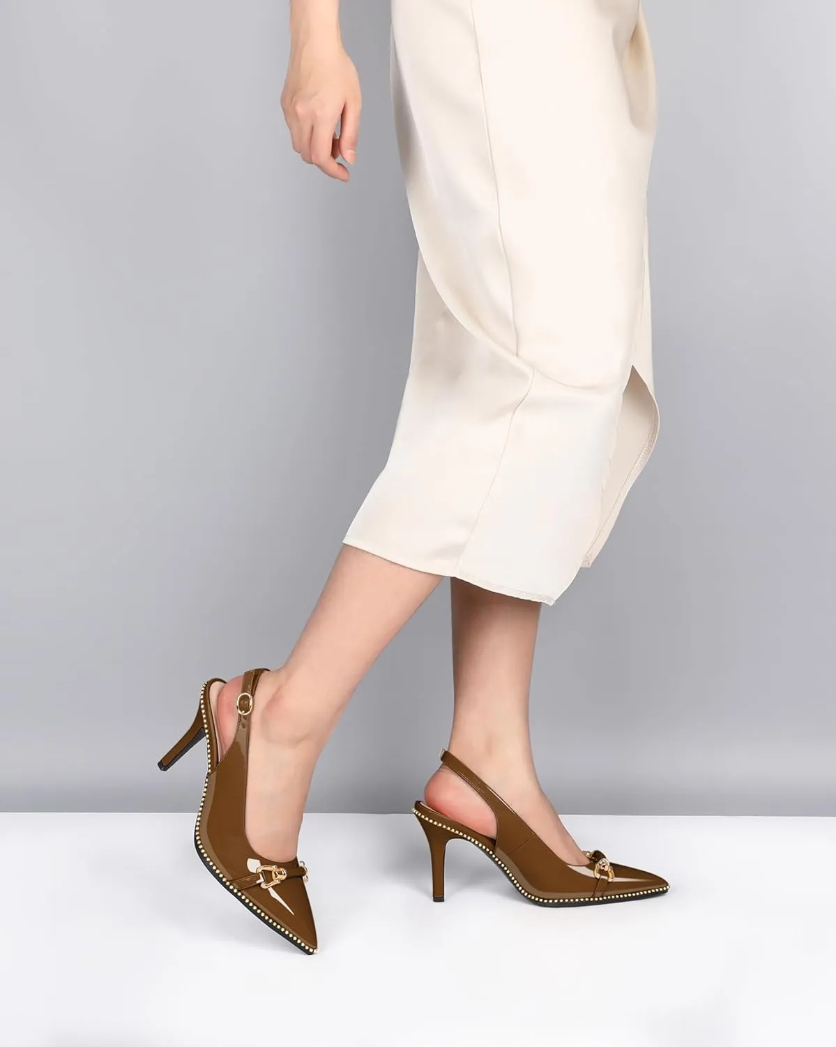 Joseywade Slingback Heels Women's Pointed Toe Stilettos High Heel Pumps Buckle Gold Beaded Shoes