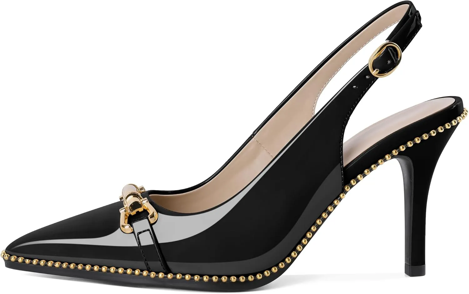 Joseywade Slingback Heels Women's Pointed Toe Stilettos High Heel Pumps Buckle Gold Beaded Shoes