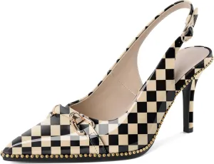 Joseywade Slingback Heels Women's Pointed Toe Stilettos High Heel Pumps Buckle Gold Beaded Shoes