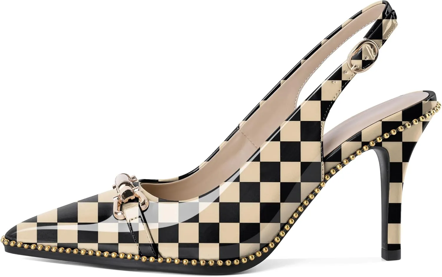 Joseywade Slingback Heels Women's Pointed Toe Stilettos High Heel Pumps Buckle Gold Beaded Shoes