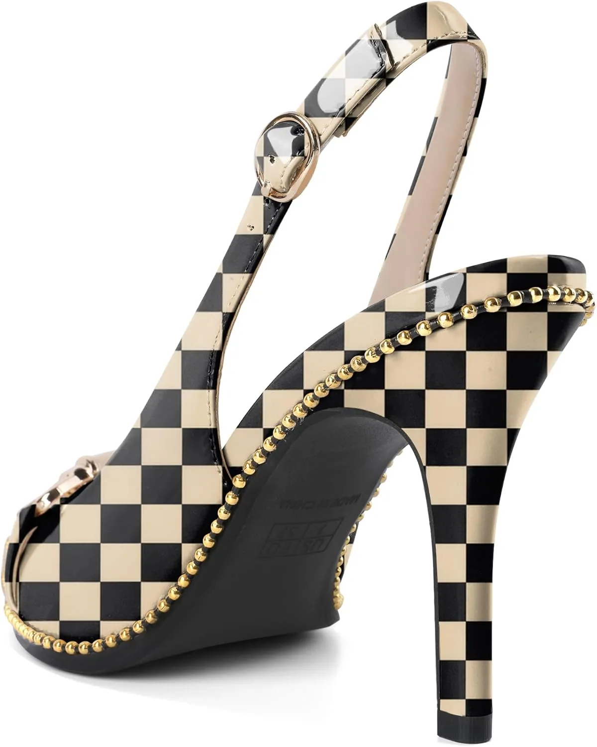 Joseywade Slingback Heels Women's Pointed Toe Stilettos High Heel Pumps Buckle Gold Beaded Shoes