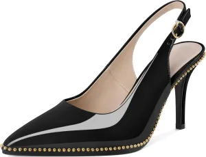 Joseywade Slingback Heels Women's Pointed Toe Stilettos High Heel Pumps Gold Beaded Dress Shoes