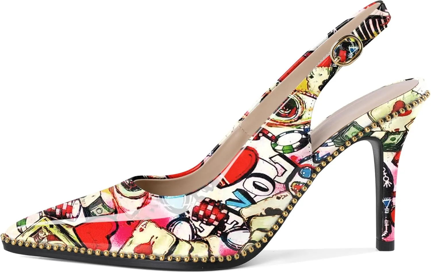 Joseywade Slingback Heels Women's Pointed Toe Stilettos High Heel Pumps Gold Beaded Dress Shoes