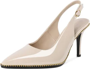 Joseywade Slingback Heels Women's Pointed Toe Stilettos High Heel Pumps Gold Beaded Dress Shoes