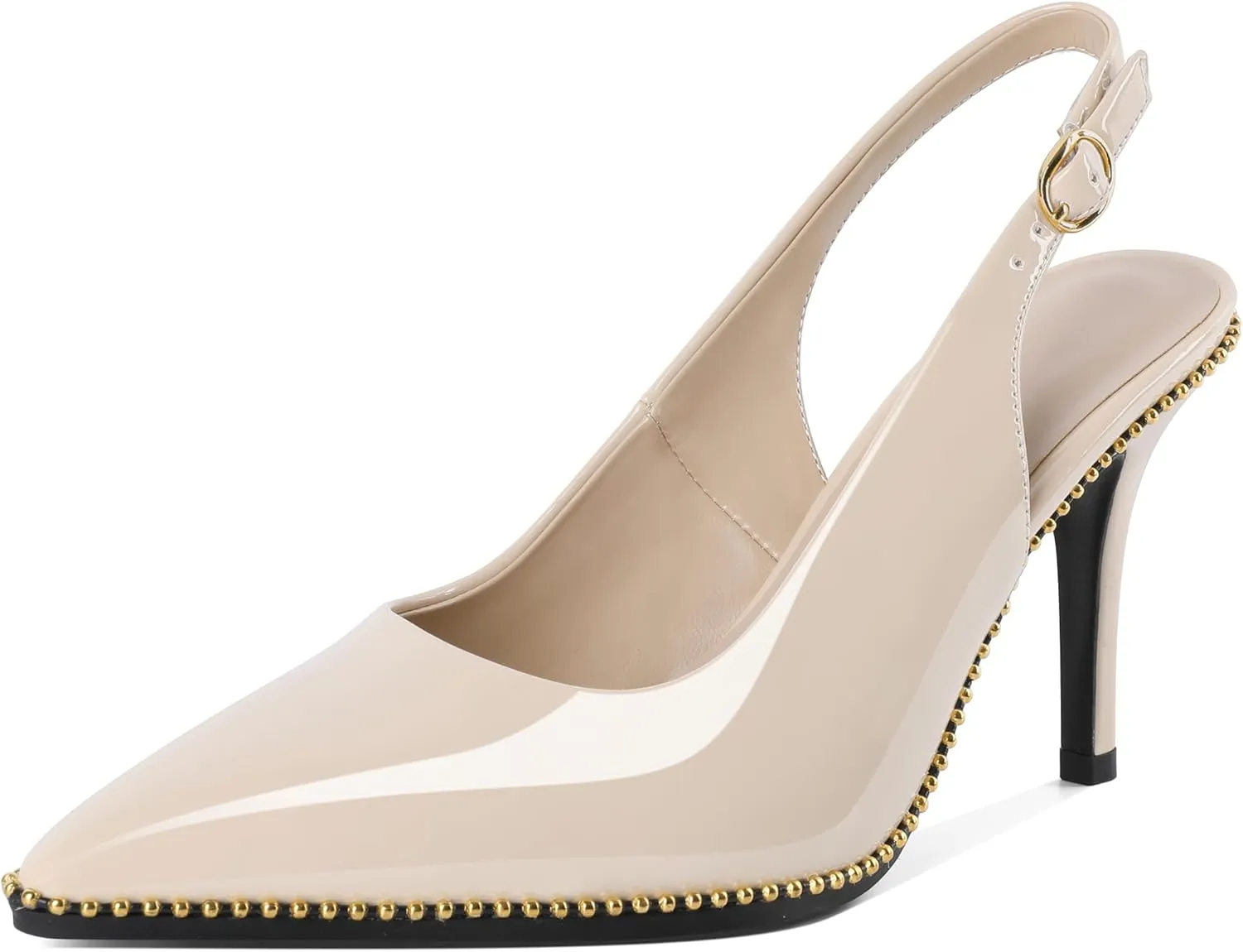 Joseywade Slingback Heels Women's Pointed Toe Stilettos High Heel Pumps Gold Beaded Dress Shoes