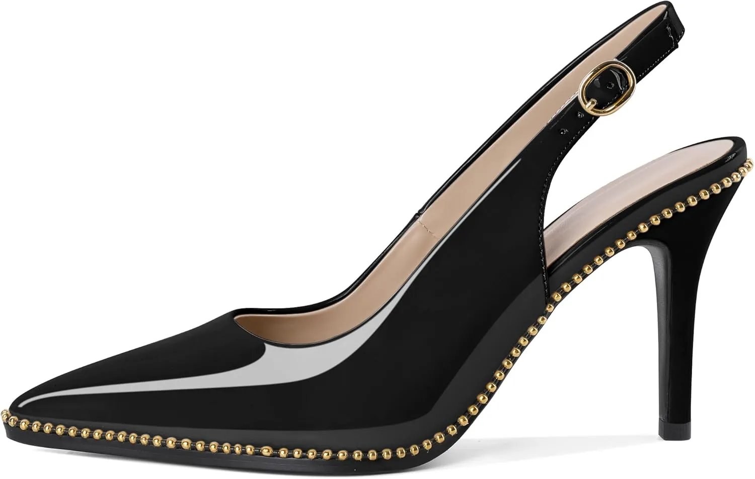 Joseywade Slingback Heels Women's Pointed Toe Stilettos High Heel Pumps Gold Beaded Dress Shoes