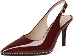 Joseywade Slingback Heels Women's Pointed Toe Stilettos High Heel Pumps Gold Beaded Dress Shoes