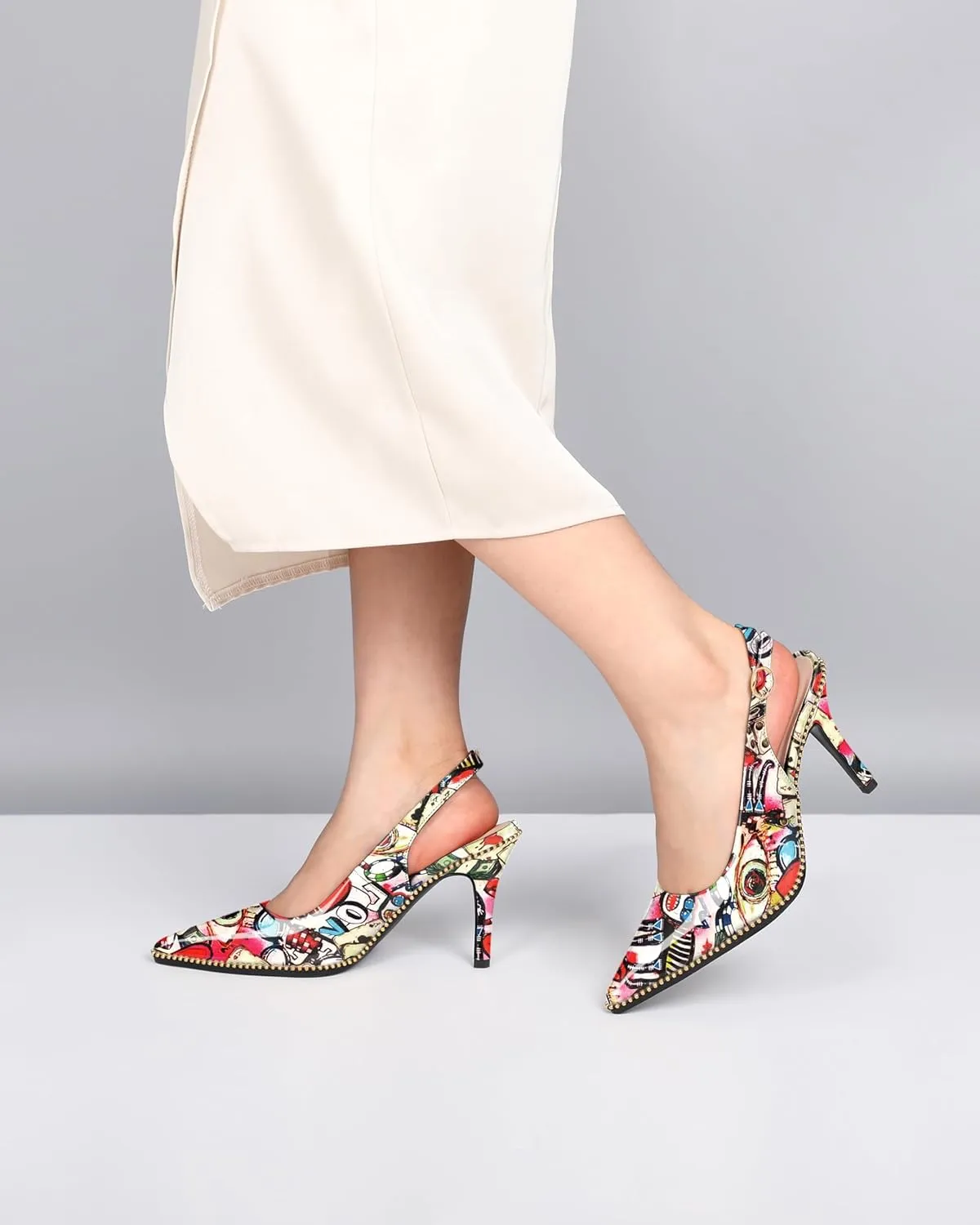 Joseywade Slingback Heels Women's Pointed Toe Stilettos High Heel Pumps Gold Beaded Dress Shoes