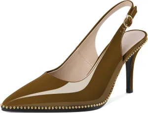 Joseywade Slingback Heels Women's Pointed Toe Stilettos High Heel Pumps Gold Beaded Dress Shoes