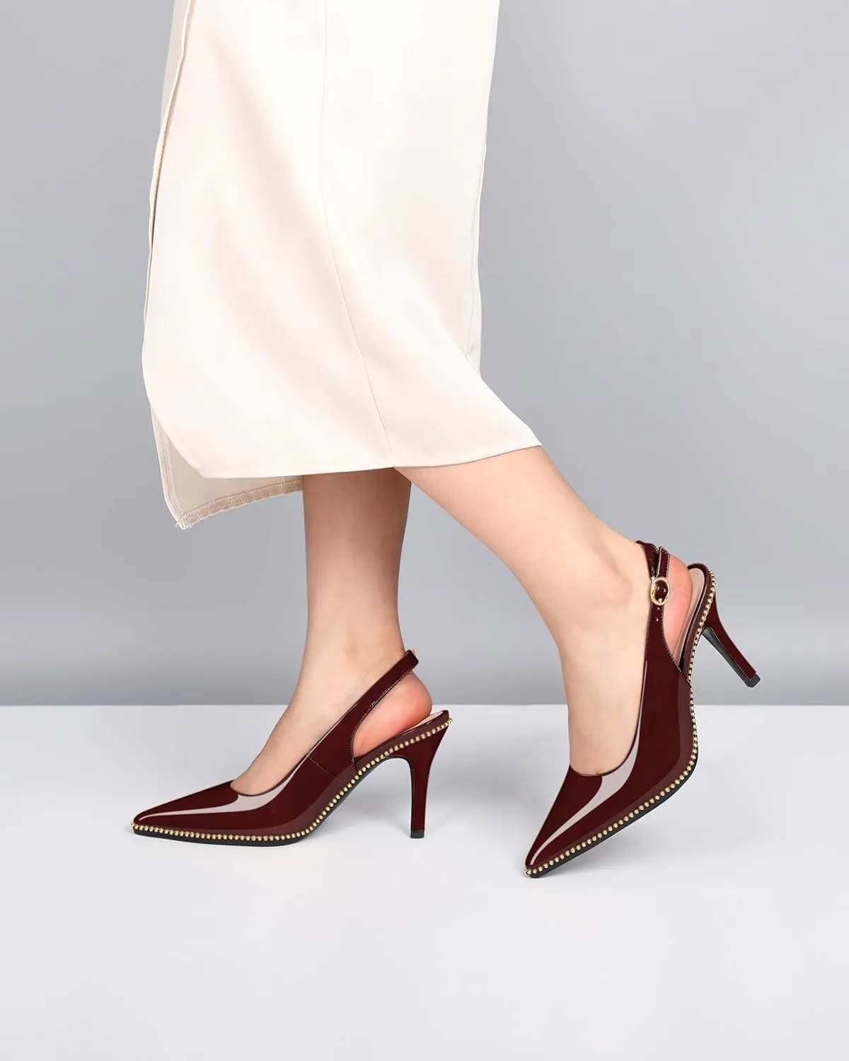 Joseywade Slingback Heels Women's Pointed Toe Stilettos High Heel Pumps Gold Beaded Dress Shoes